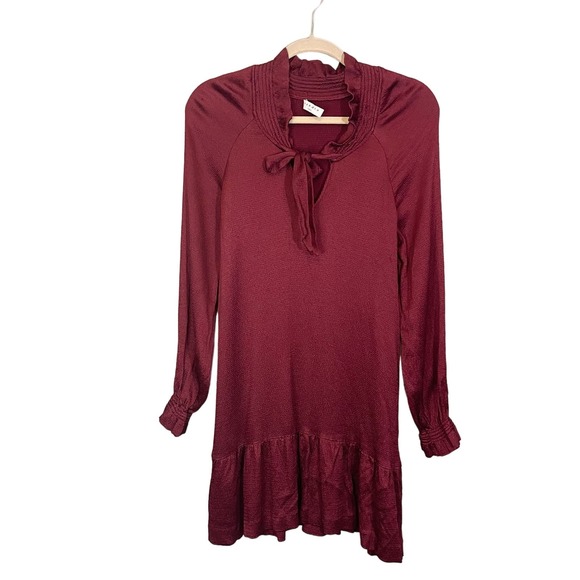 Sandro Women's Burgundy Ruffles Smocked Mock Split Tie Neck Mini Dress Medium - Picture 1 of 13
